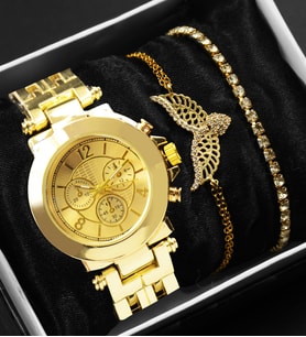 Özel Kutulu Gold Metal Kordon Kadın Saati & Gold Melek Bileklik & Gold Zirkon Taşlı Bileklik