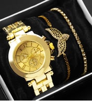 Özel Kutulu Gold Metal Kordon Kadın Saati & Gold Melek Bileklik & Gold Zirkon Taşlı Bileklik