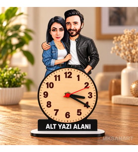 2 Kişilik Çift Karikatürlü Kişiye Özel Karikatürlü 18 cm MDF Dikey Masa Saati - Deri Hediyesi Yeni İş ve Meslek Hediyesi