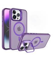 Apple iPhone 15 Uyumlu Magsafe Stantlı Premium Kılıf Lens Hediye (Mor)