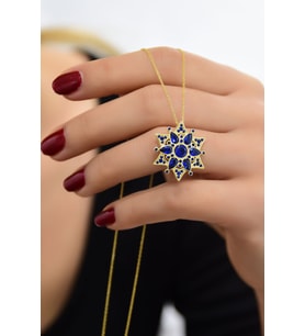 925 Ayar Gümüş Gold Kaplama Safir Kamelya Çiçeği Kolye