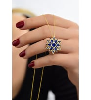 925 Ayar Gümüş Gold Kaplama Safir Kamelya Çiçeği Kolye