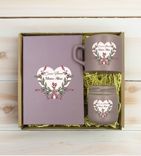BK Gift Kişiye Özel İsimli DTF Anne Temalı Mat Gri Defter & Kahve Fincanı & Mum Hediye Seti-5, Anneye Hediye, Anneler Günü Hediyesi