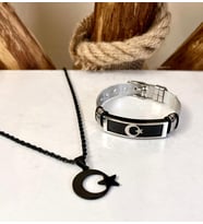 Ay Yıldız Türk Bayrağı Figürlü Süper Kalite Çelik Kolye&Bileklik Set (Siyah Gümüş)