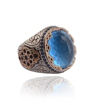 Gümüş Yüzük - Blue Topaz Aqua Marin Taşlı Yanı Işlemeli Erkek Gümüş Yüzük