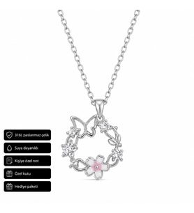 Butterfly Detaylı Çiçek Motifli 316L Çelik Kolye Hediye