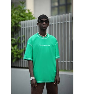 Oversize Bisiklet Yaka Baskılı Ve Zikzak Dikiş Detaylı Erkek Yazlık T-shirt (Yeşil)