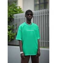 Oversize Bisiklet Yaka Baskılı Ve Zikzak Dikiş Detaylı Erkek Yazlık T-shirt (Yeşil)