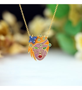 Opal Taşlı Renkli Mineli Japon Maske Gümüş Kolye