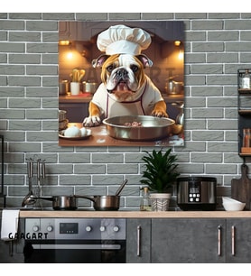 Kare Kanvas Mutfak Tablosu Aşçı Hayvanlar Bulldog Köpek