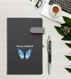Kişiye Özel Kelebek Desen Baskılı İsme Özel Defter ve Kalem