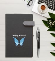 Kişiye Özel Kelebek Desen Baskılı İsme Özel Defter ve Kalem