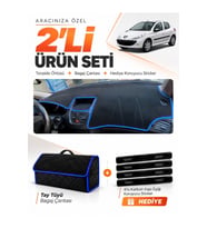 PEUGEOT 206+ (2009-2013) Uyumlu Torpido Örtüsü + Tay Tüyü Bagaj Çantası + Sticker Seti - Siyah Mavi