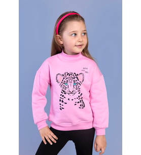 Toontoy Kız Çocuk Baskılı Balıkçı Yaka Pamuklu Sweatshirt (Pembe)