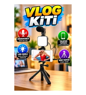 Akıllı Telefon Vlog Kiti Mini Tripod, LED Işıklı Mikrofonlu Telefon Tutucu Seti