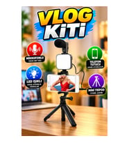 Akıllı Telefon Vlog Kiti Mini Tripod, LED Işıklı Mikrofonlu Telefon Tutucu Seti