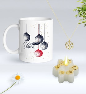 Yılbaşı Hediyesi BK Gift Kişiye Özel Yeni Yıl Tasarımlı Beyaz Kupa Bardak, Kar Tanesi Kolye ve Kar Tanesi Mum Hediye Seti-11, Sevgiliye Hediye, Arkadaşa Hediye
