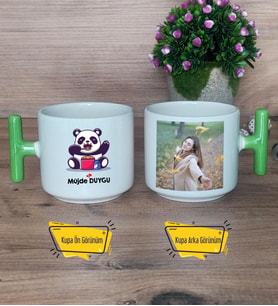 Sevimli Panda Kupa Bardak Fotoğraflı T Yeşil Kulplu Arkadaşa Sevgiliye Hediye