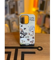 iPhone 16 Pro Uyumlu Özel Tasarım Sevimli Figürlü Deri Dokulu Telefon Kılıfı (Krem)