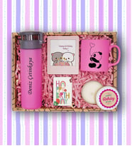 Doğum Günü Hediye Kutusu & Cam Suluk, Pembe Kupa, Mum , Çerçeve, Magnet (Model 1)