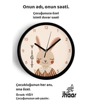 İsme Özel Sevimli Zarif Tavşan Çocuk Odası Duvar Saati Orta Boy 30 cm Siyah Camlı Sessiz
