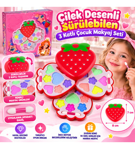 Çilek Desenli Sürülebilen 3 Katlı Çocuk Makyaj Seti
