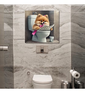 Tekli Kare Kanvas Banyo Tablosu Gazete Okuyan Pembe Pomarian Köpek