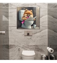 Tekli Kare Kanvas Banyo Tablosu Gazete Okuyan Pembe Pomarian Köpek