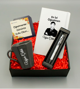 Öğretmenler Gününe Özel Karikatür Tasarımlı Beyaz Defter & Gri Kupa & Beyaz Roller Kalem Hediye Seti