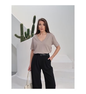 Kadın Massi İnterlok Kumaş V Yaka Oversize T-Shirt