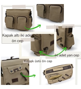 Cappadocia Vintage 4017 Haki 14" Laptop Kanvas Postacı Okul Çantası Unisex Kilitli Çok Cepli Omuz Askılı