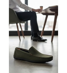 noch Hakiki Deri Haki Yeşil Süet Erkek Comfort Loafer