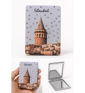 İstanbul Galata Kulesi Temalı Simli Büyüteçli Pratik Mini Cep Çanta Makyaj Aynası