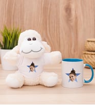 Kişiye Özel Mavi Yıldız Kafa Fotoğraflı Peluş Koyun ve Mavi Kupa