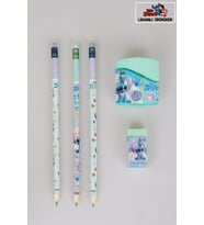 LİSANSLI STITCH 3 ADET SİLGİLİ KURŞUN KALEM , SİLGİ VE ÇİFT BIÇAKLI KALEMTRAŞ KIRTASİYE SETİ