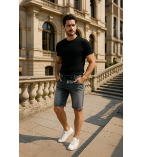 Erkek Likralı Bağcıklı Jean Şort (Gri)