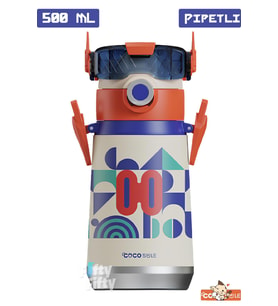 CocoSmile Özel Kutulu 500 ML Pipetli Çelik Termos -Boyun Askılı- 4 Farklı Robot Modeli  cs0001 (Beyaz)