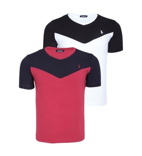 İKİLİ SET T8591 DEWBERRY ERKEK T-SHIRT-BEYAZ-BORDO (Beyaz - Bordo)