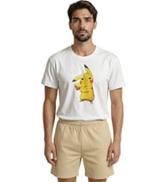 Kolları Bağlı Havalı Pikachu Baskılı Anime Temalı Premium Erkek Tişört (Beyaz)