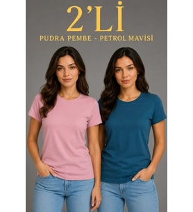 Basic Bisiklet Yaka Yazlık Slim Fit T-Shirt - Pudra Pembe - Petrol Mavi