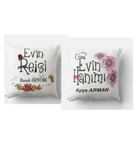 2 Adet Kişiye Özel  Evin Hanımı Ve Evin Reisi Saten Yastık 1. Kalite Kadife İpeksi Yastık