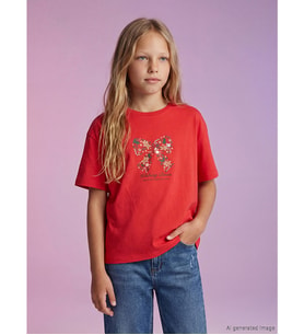 LCW Kids Kırmızı Bisiklet Yaka Baskılı Kız Çocuk Tişört