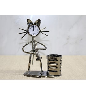 Metal Saksafon Çalan Kedi Müzisyen Saat Ve Kalemlik