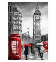 Ahşap Tablo Siyah Beyaz Londra'da Kırmızı Detaylar (35x50 Cm Boyut)