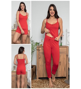 Kadın Kırmızı Renkli Dantel Detaylı Şortlu Ve Taytlı Pijama Takımı 3'lü Set 75021