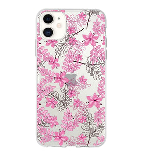 Apple iPhone 11 Uyumlu Kapak Floral Pembe Tasarımlı Şeffaf Silikon Kılıf