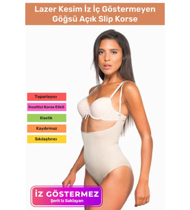 Özel Üretim Lazer Kesim İz Göstermeyen Kaymaz Toparlayıcı Vücut Şekillendirici Göğsü Açık Slip Korse (Bej)