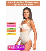 Özel Üretim Lazer Kesim İz Göstermeyen Kaymaz Toparlayıcı Vücut Şekillendirici Göğsü Açık Slip Korse (Bej)