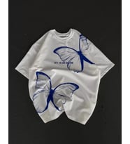 pilelistore- Unisex Bisiklet Yaka Baskılı Oversize T-Shirt - Beyaz