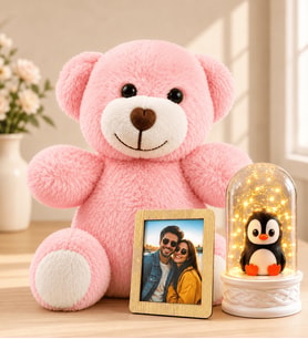 Kişiye Özel Fotoğraflı LED Işıklı Penguenli Fanus ve Pembe Peluş Ayıcık Kadına Sevgiliye Hediye